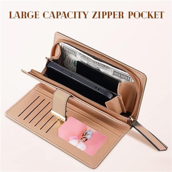 Women's Long Leaf Bifold Wallet Leather Card Holder Purse Zipper Buckle Clutch - Picture 5 of 6